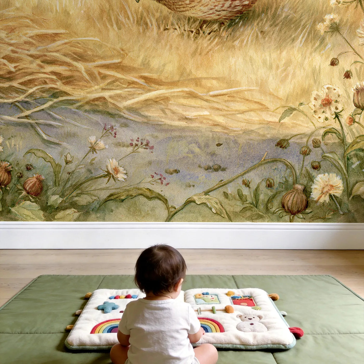 Child in nursery with Little Quail Wallpaper Mural by Whimsy Tots