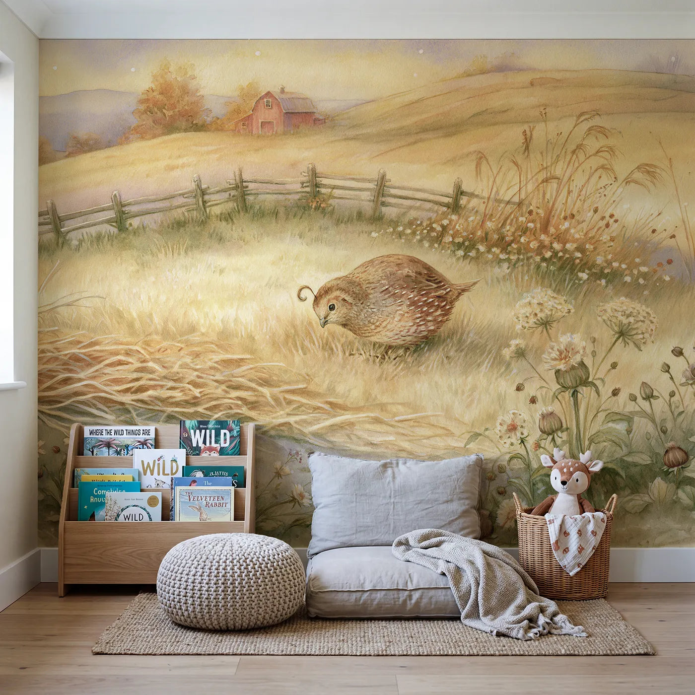 Little Quail Wallpaper Mural in playroom setting by Whimsy Tots