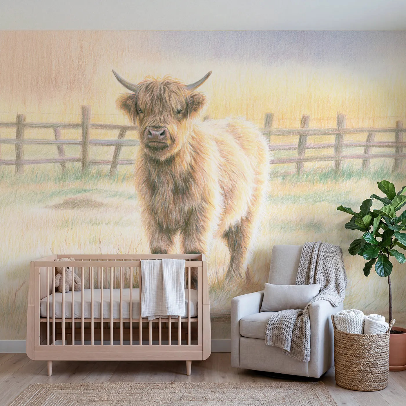 Colored-pencil wall mural of a fluffy highland cow by Whimsy Tots
