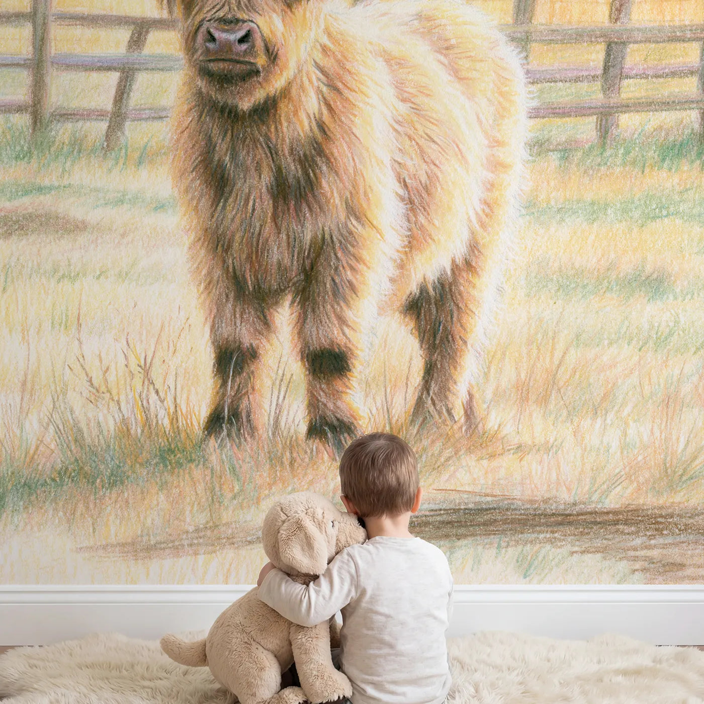 Child in nursery with Fluffy Highland Cow Wallpaper Mural by Whimsy Tots