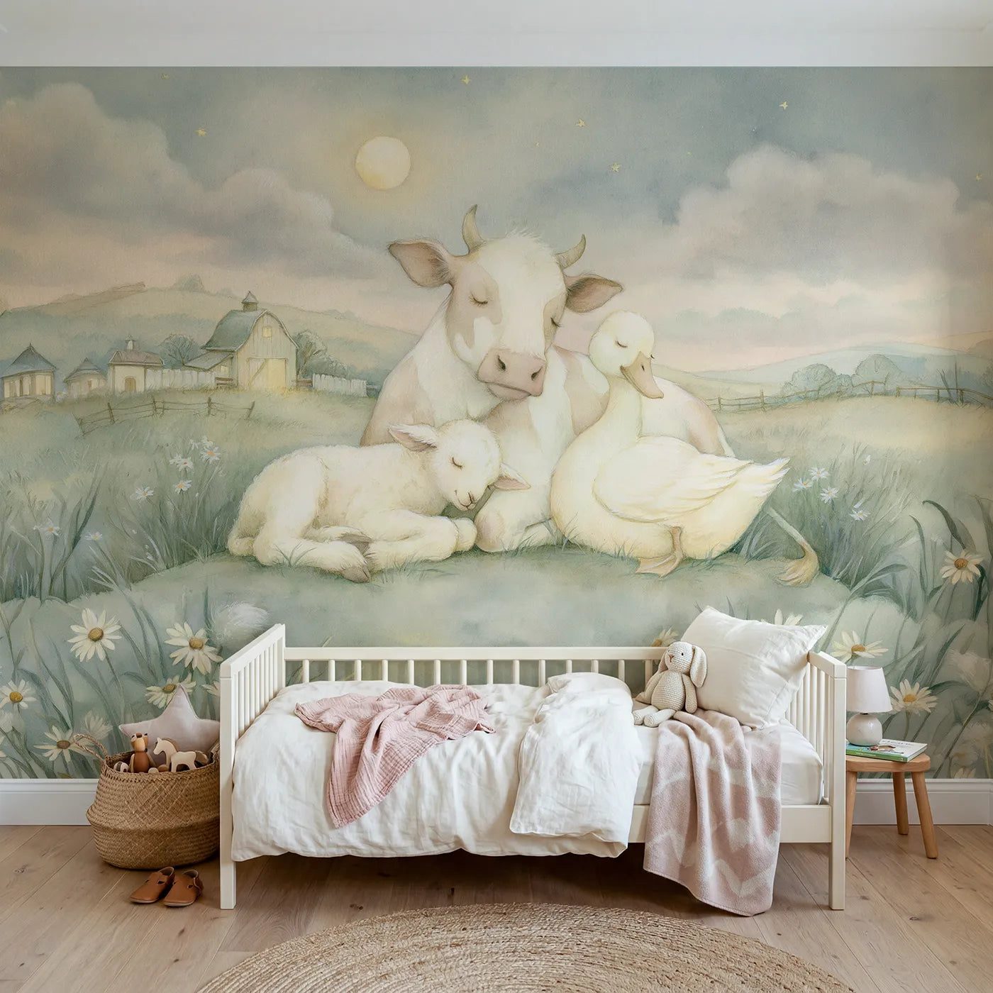 Storybook wall mural of a cozy good-night farm by Whimsy Tots