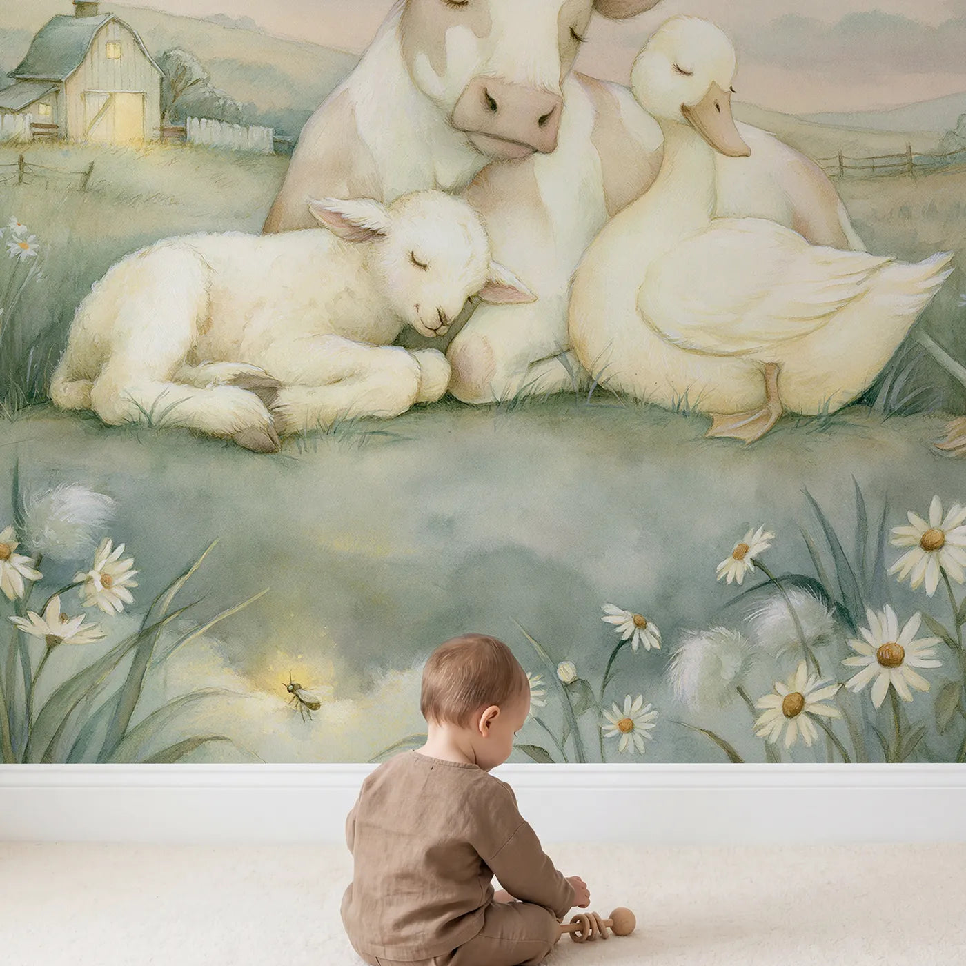 Child in nursery with Good Night Farm Wallpaper Mural by Whimsy Tots
