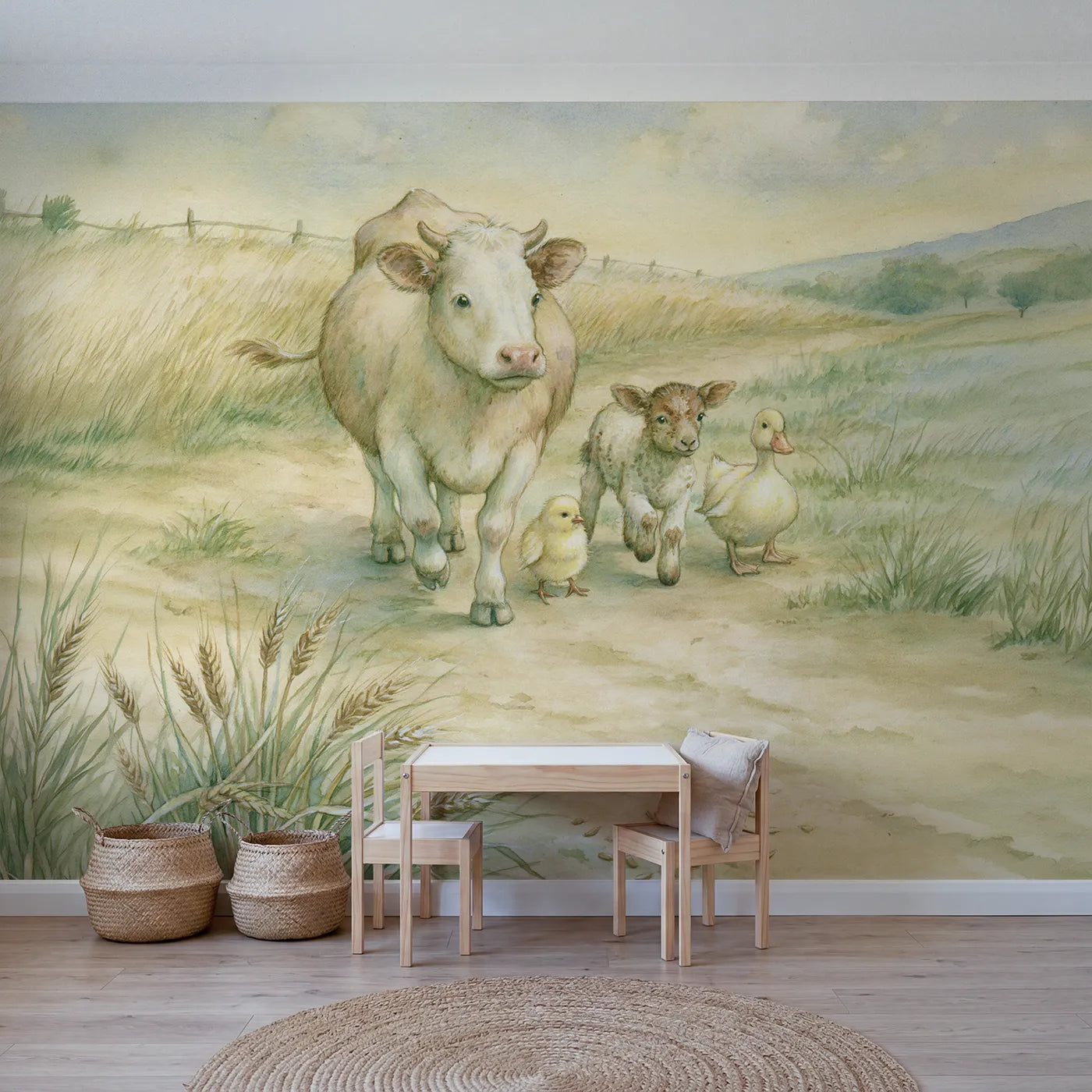 Storybook wall mural of a gentle farm alphabet by Whimsy Tots