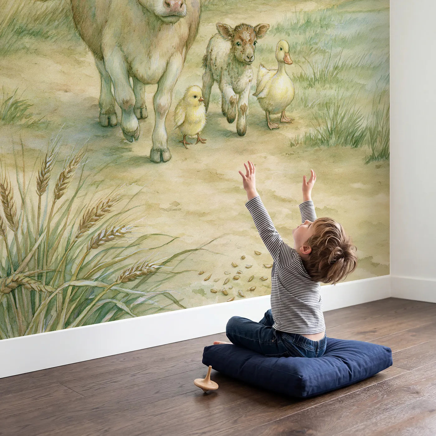Child in nursery with Farm Friends Morning Stroll Wallpaper Mural by Whimsy Tots