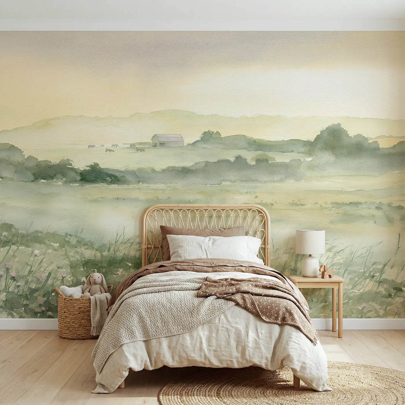 Watercolor wall mural of a sleepy farm at dusk by Whimsy Tots