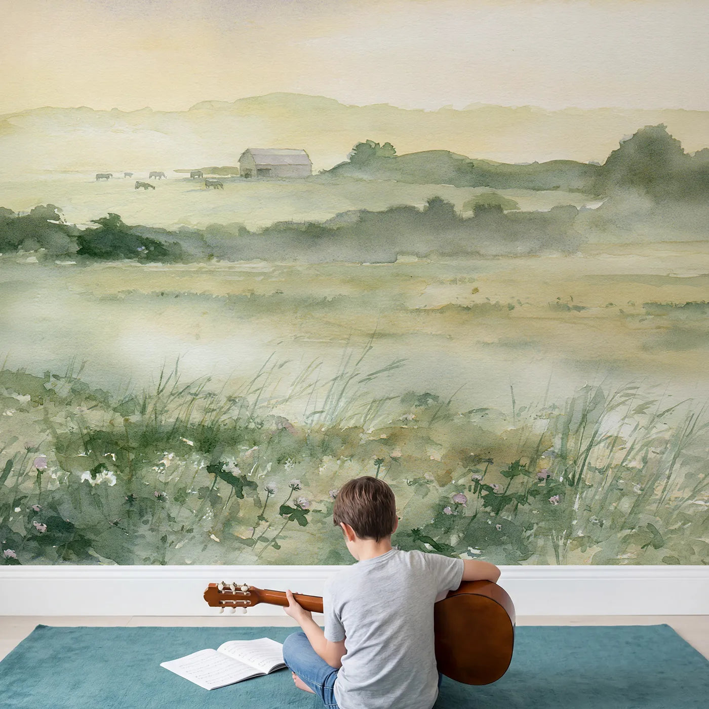 Child in nursery with Sleepy Farm Dusk Wallpaper Mural by Whimsy Tots