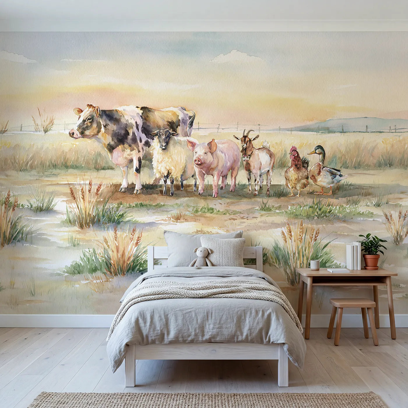 Watercolor wall mural of a calm farm animal chart by Whimsy Tots