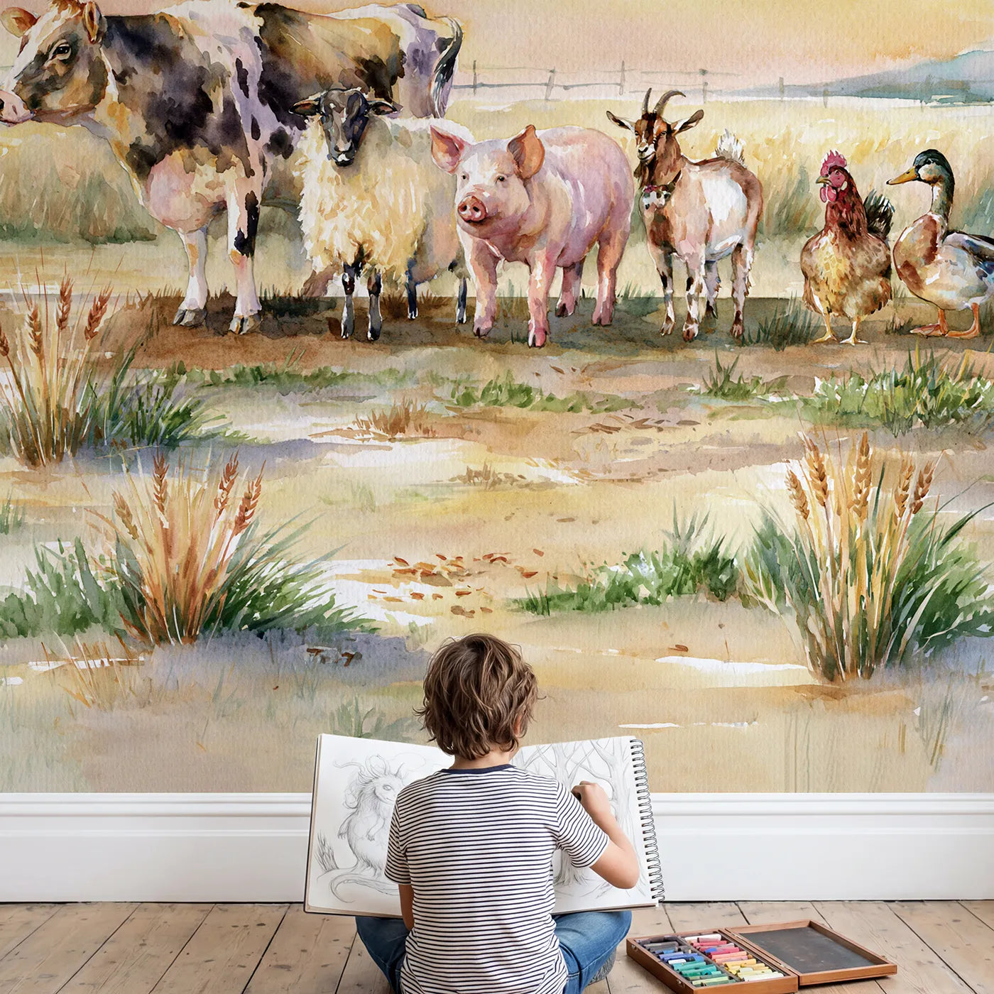 Child in nursery with Farm Animal Chart Wallpaper Mural by Whimsy Tots