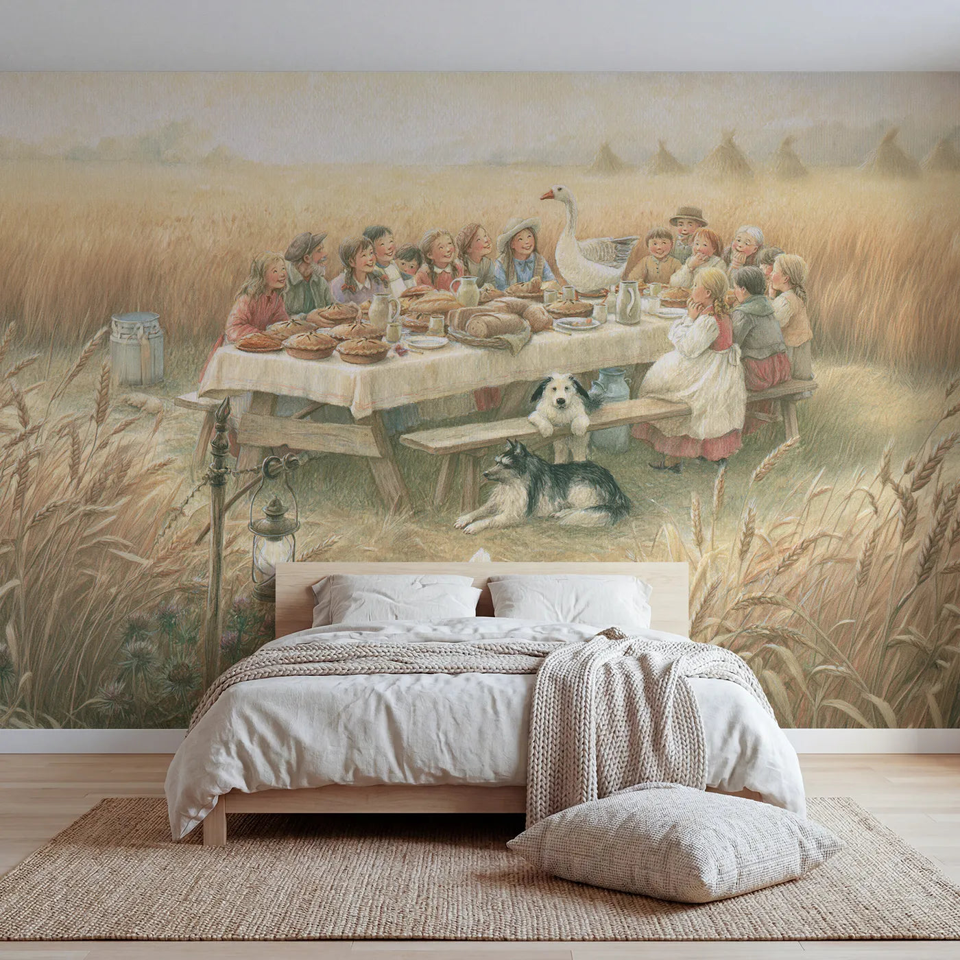 Storybook harvest supper table in a stubble field, wall mural for a kids room by Whimsy Tots