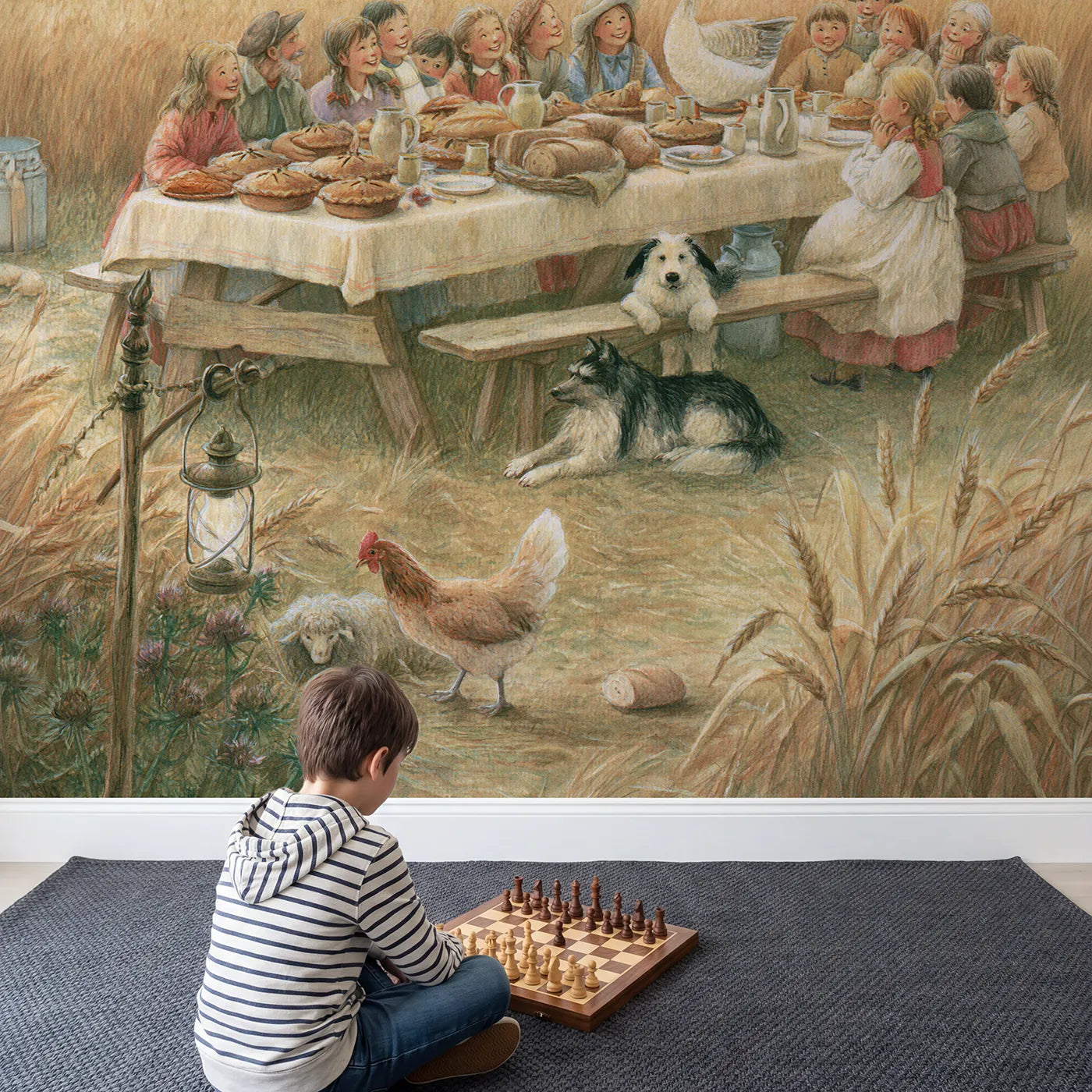 Child in nursery with The Harvest Supper Wallpaper Mural by Whimsy Tots