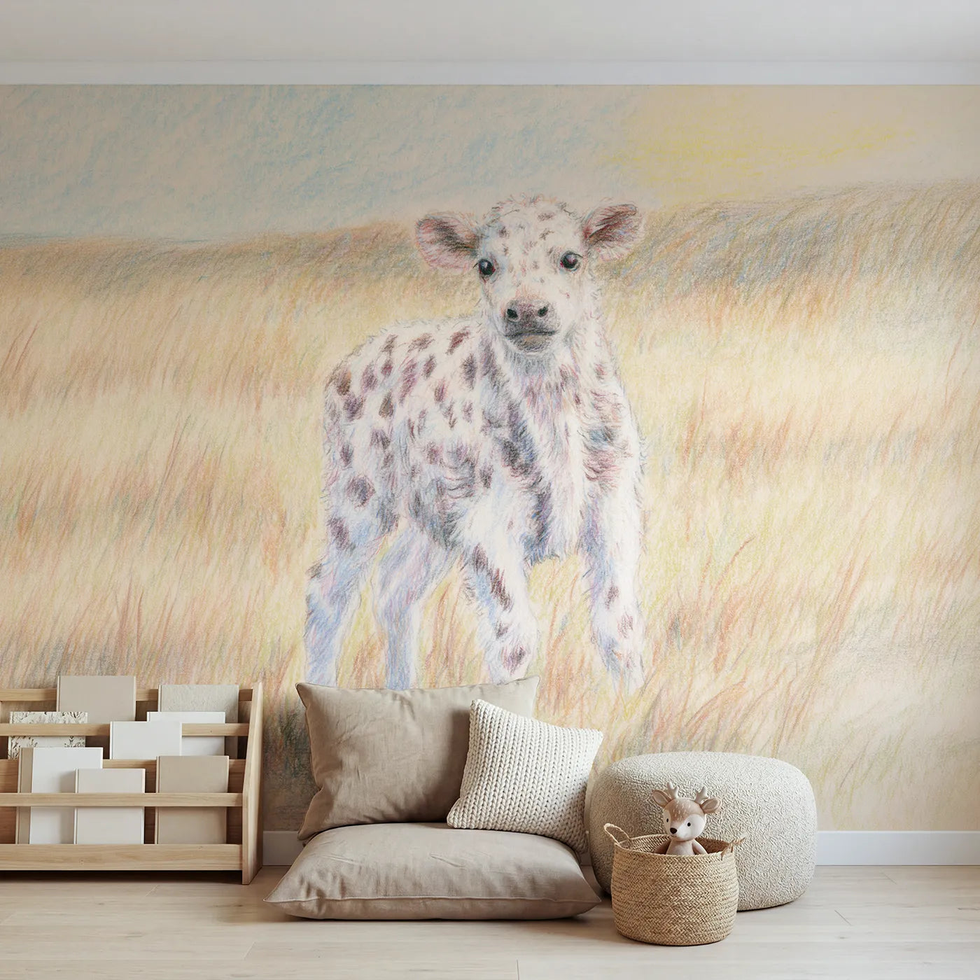 Colored-pencil wall mural of a little spotted calf by Whimsy Tots
