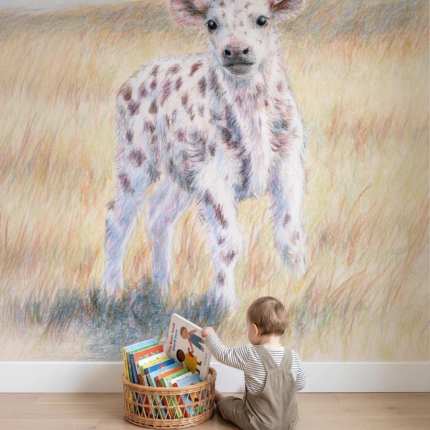 Child in nursery with Little Spotted Calf Wallpaper Mural by Whimsy Tots