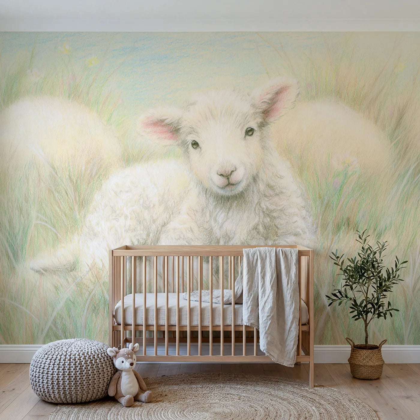 Colored-pencil wall mural of a fluffy spring lamb by Whimsy Tots