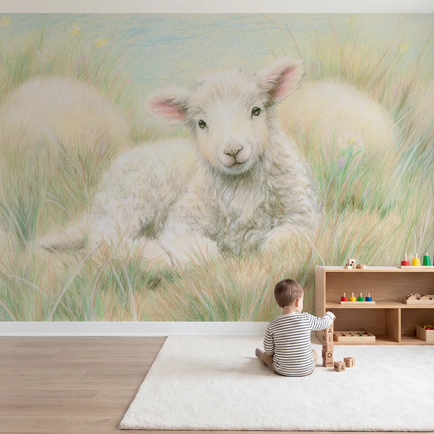 Child in nursery with Fluffy Spring Lamb Wallpaper Mural by Whimsy Tots