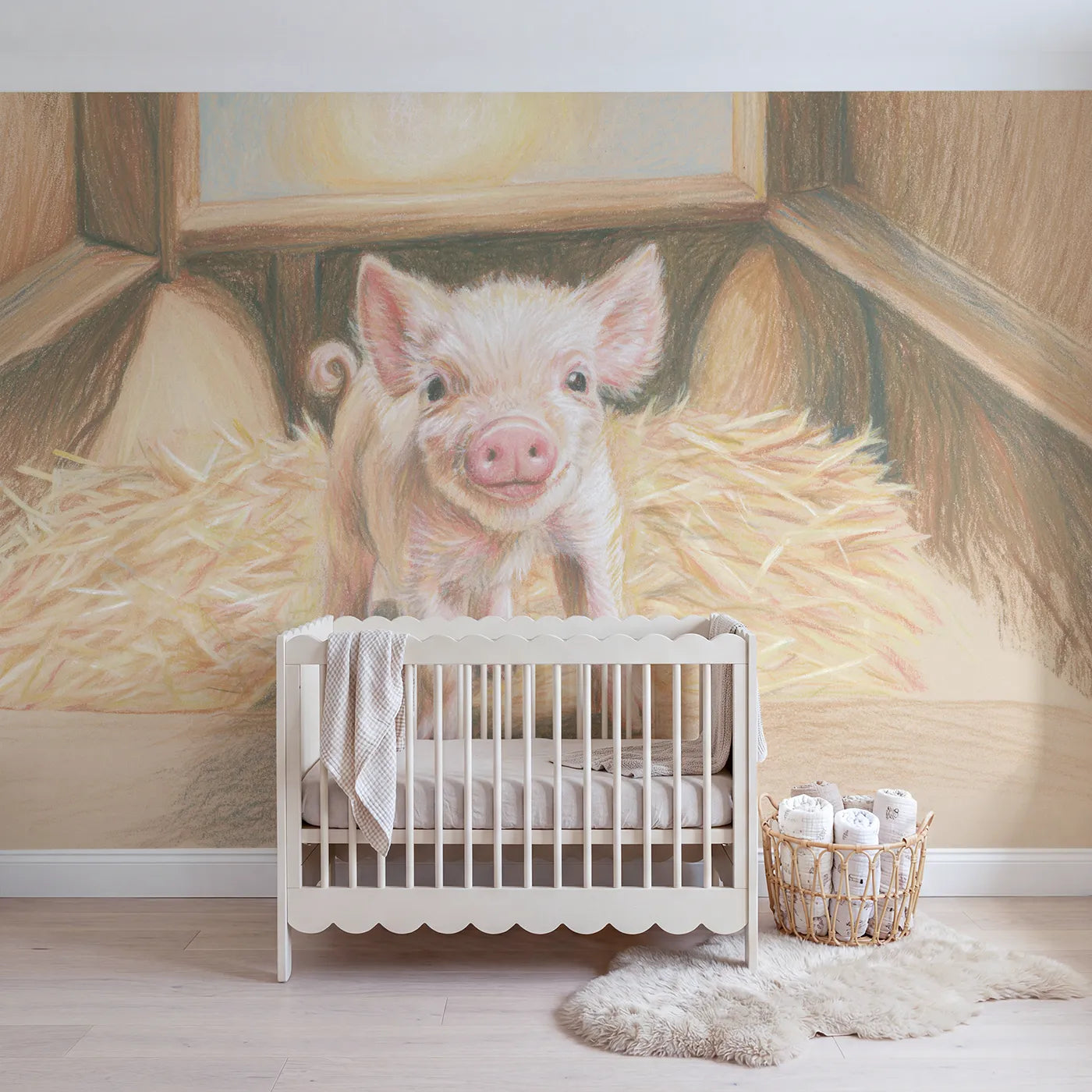 Colored-pencil wall mural of a curly tailed piglet by Whimsy Tots