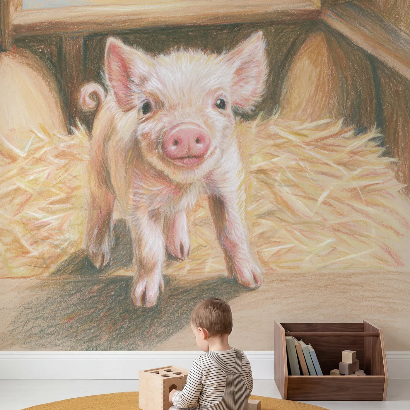 Child in nursery with Curly Tailed Piglet Wallpaper Mural by Whimsy Tots