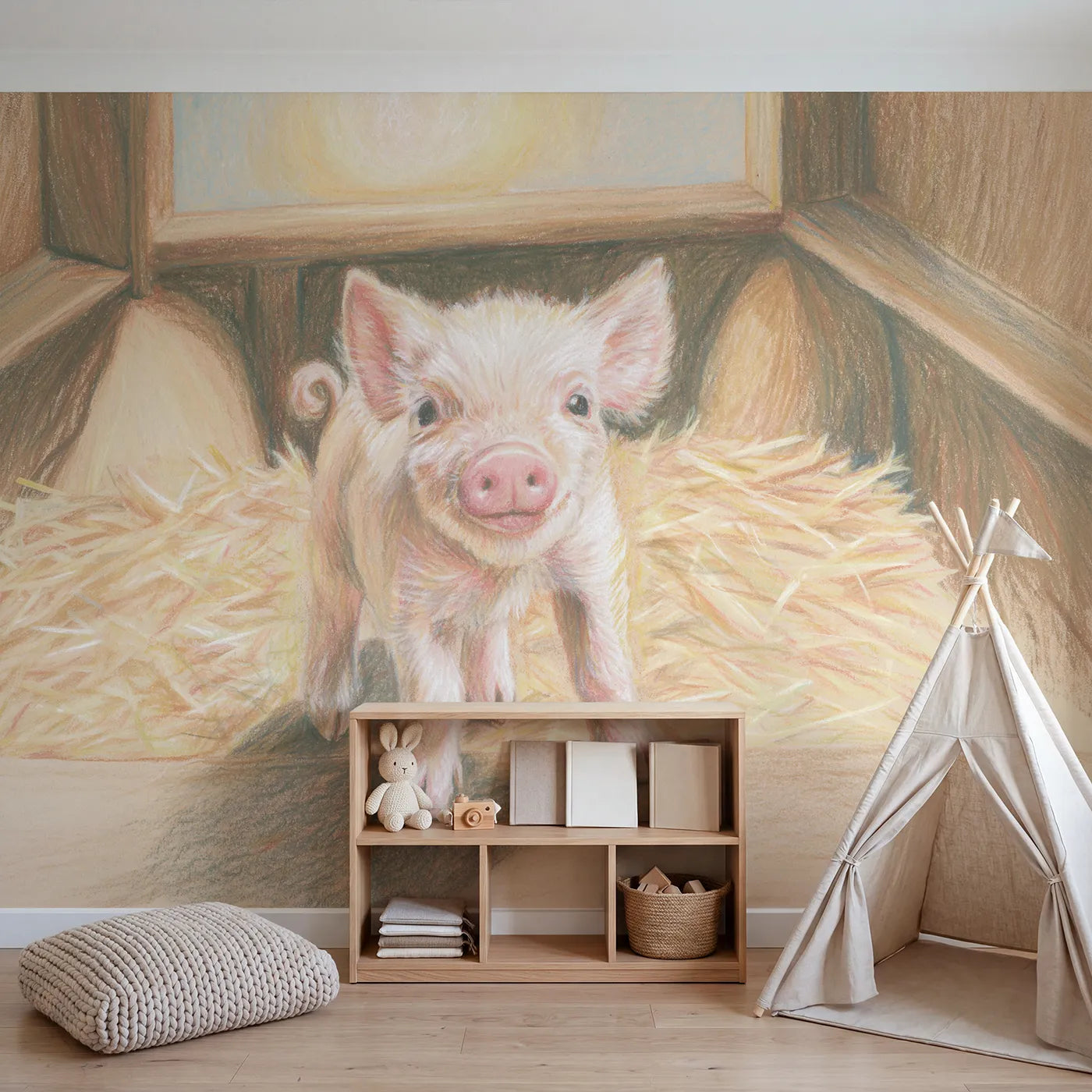 Curly Tailed Piglet Wallpaper Mural in playroom setting by Whimsy Tots