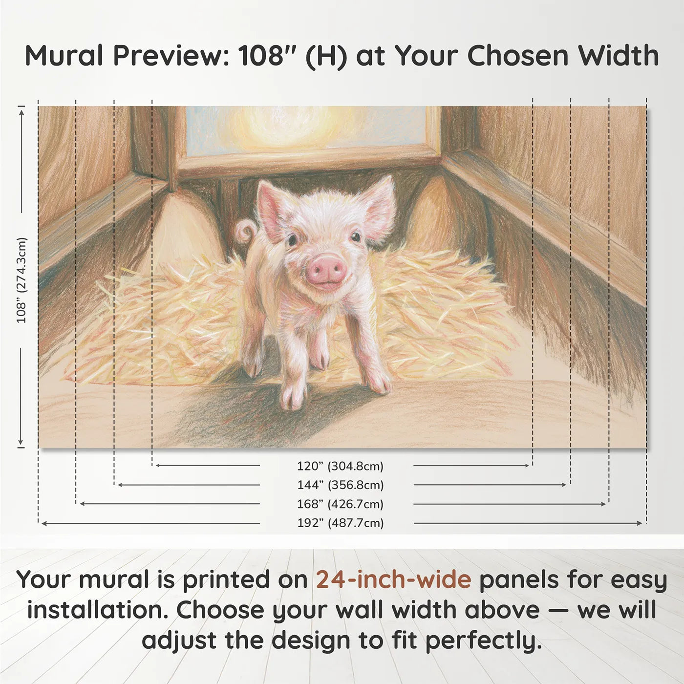 Panel layout and dimensions for Curly Tailed Piglet Wallpaper Mural by Whimsy Tots