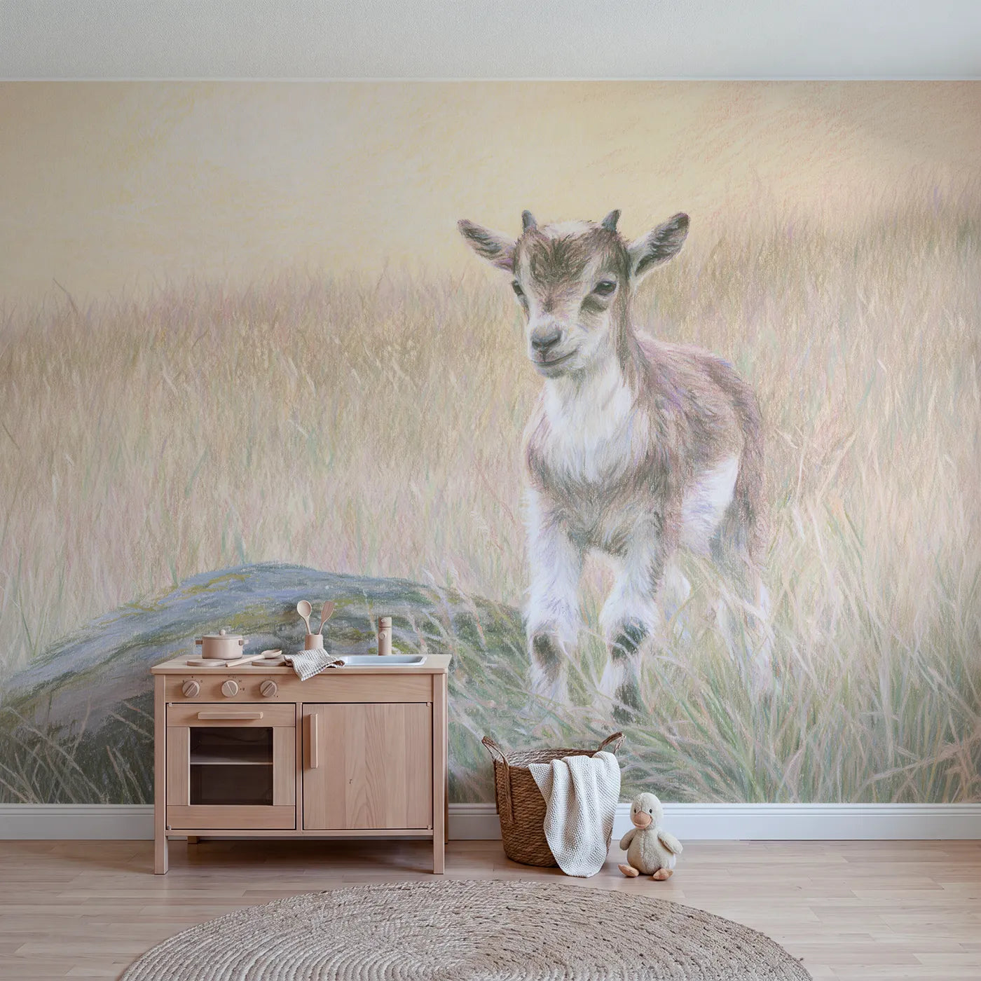 Colored-pencil wall mural of a little baby goat by Whimsy Tots