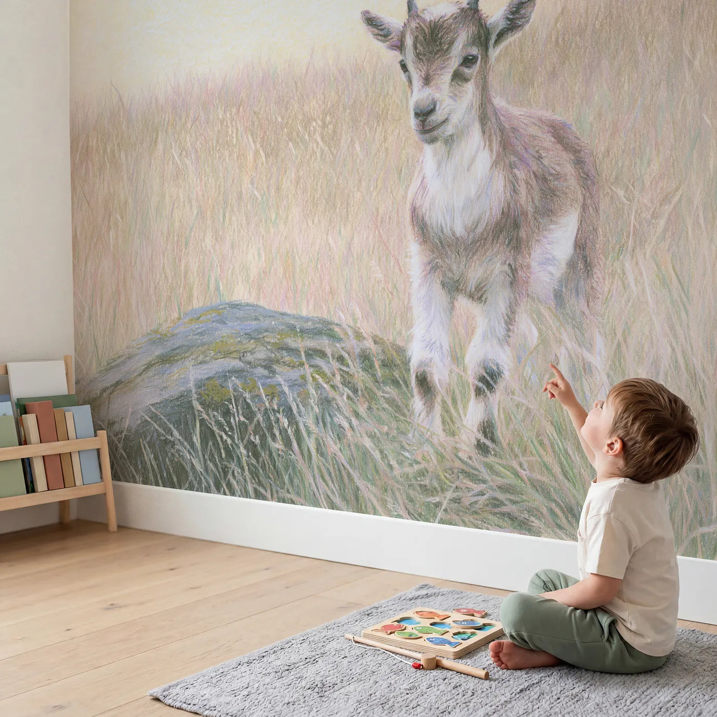 Child in nursery with Little Baby Goat Wallpaper Mural by Whimsy Tots