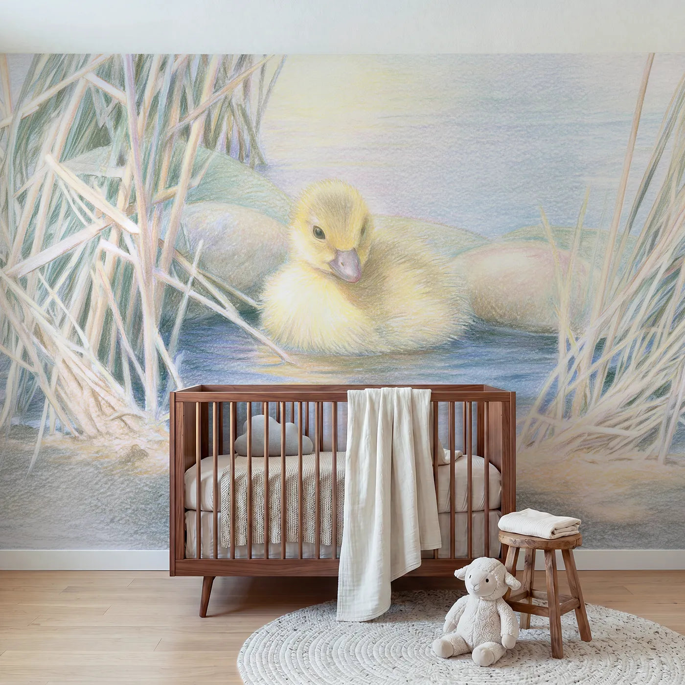 Colored-pencil wall mural of a fluffy yellow duckling by Whimsy Tots