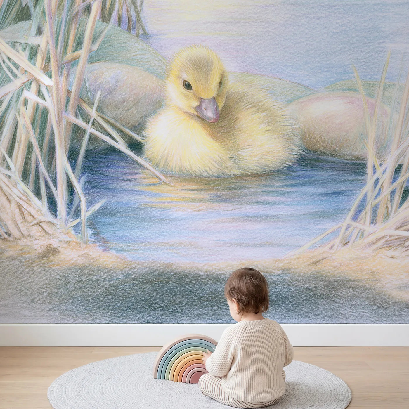 Child in nursery with Fluffy Yellow Duckling Wallpaper Mural by Whimsy Tots
