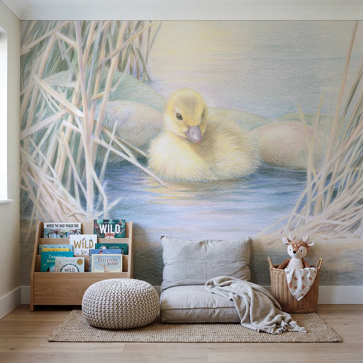 Fluffy Yellow Duckling Wallpaper Mural in playroom setting by Whimsy Tots