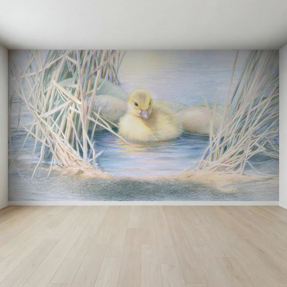 Full view of Fluffy Yellow Duckling Wallpaper Mural by Whimsy Tots