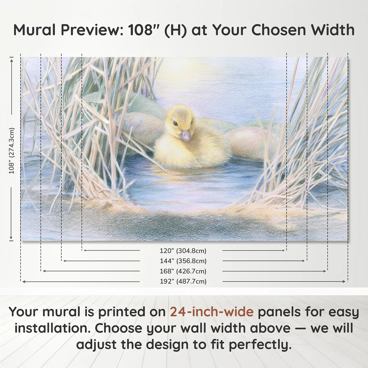 Panel layout and dimensions for Fluffy Yellow Duckling Wallpaper Mural by Whimsy Tots