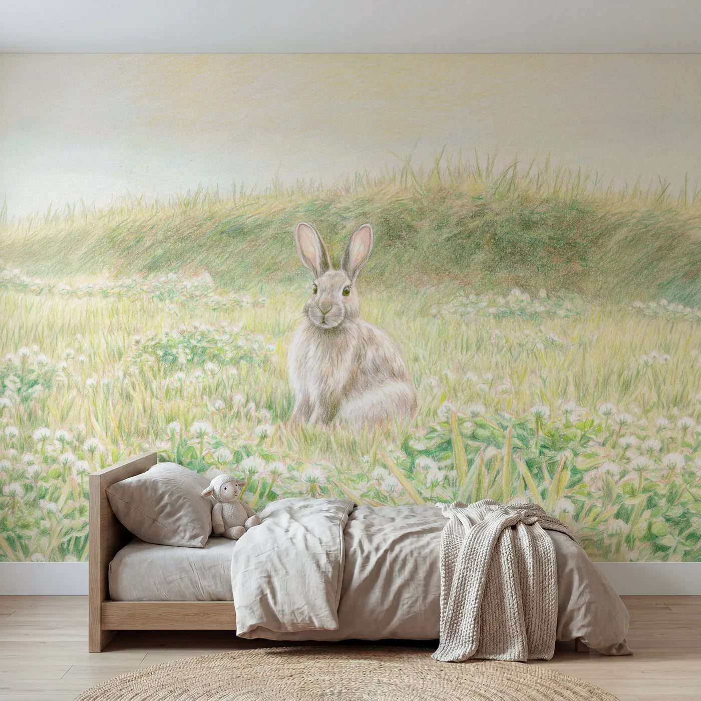 Colored-pencil wall mural of a soft farm bunny by Whimsy Tots