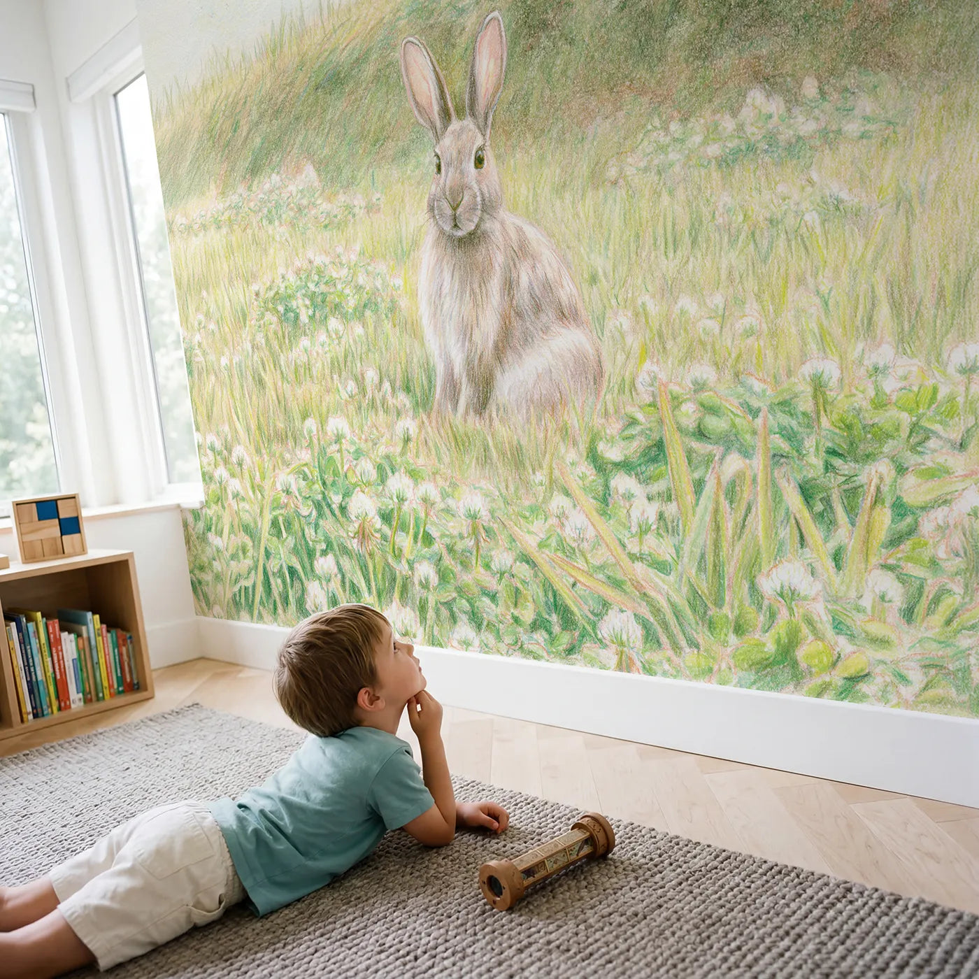 Child in nursery with Soft Farm Bunny Wallpaper Mural by Whimsy Tots