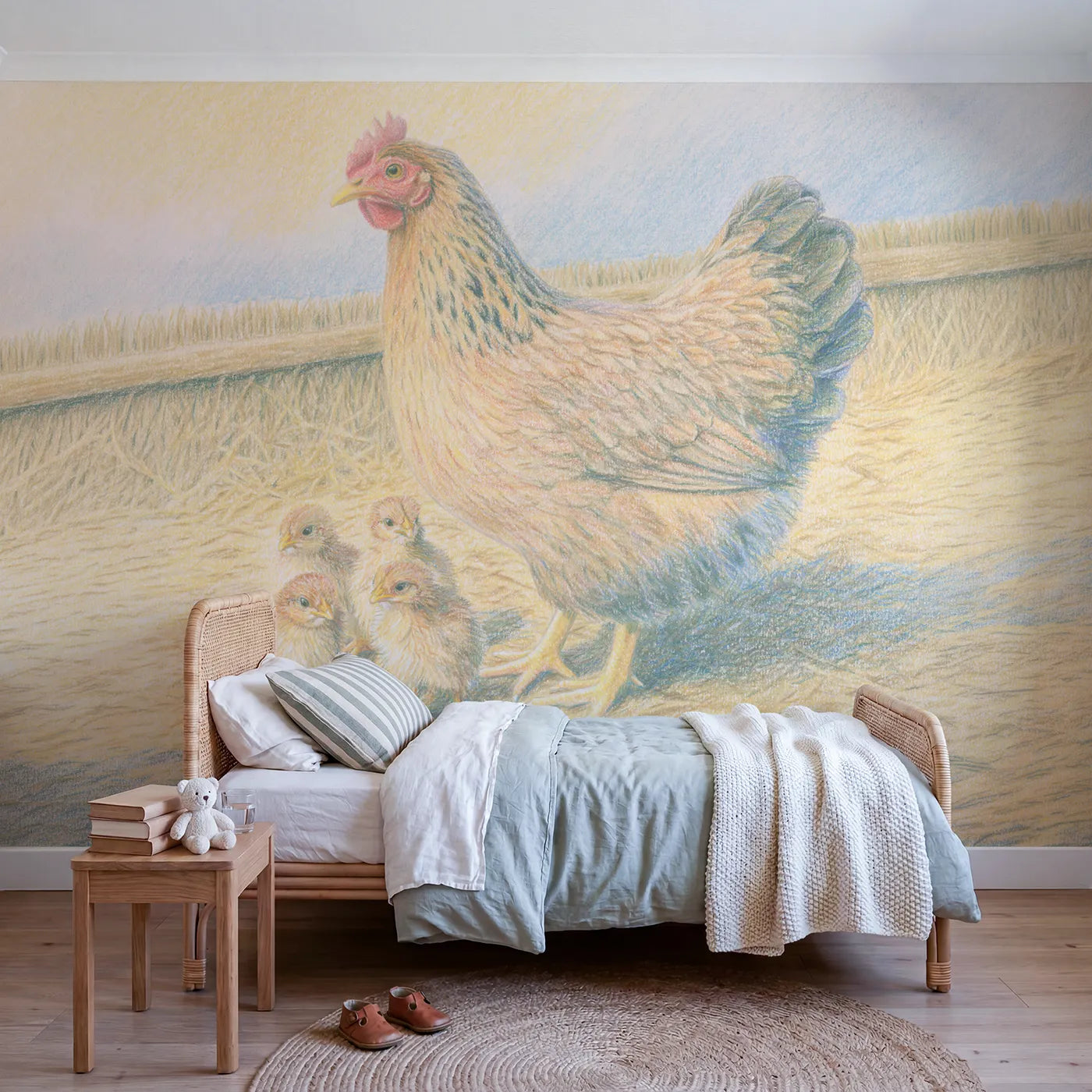 Colored-pencil wall mural of a mother hen and three chicks by Whimsy Tots