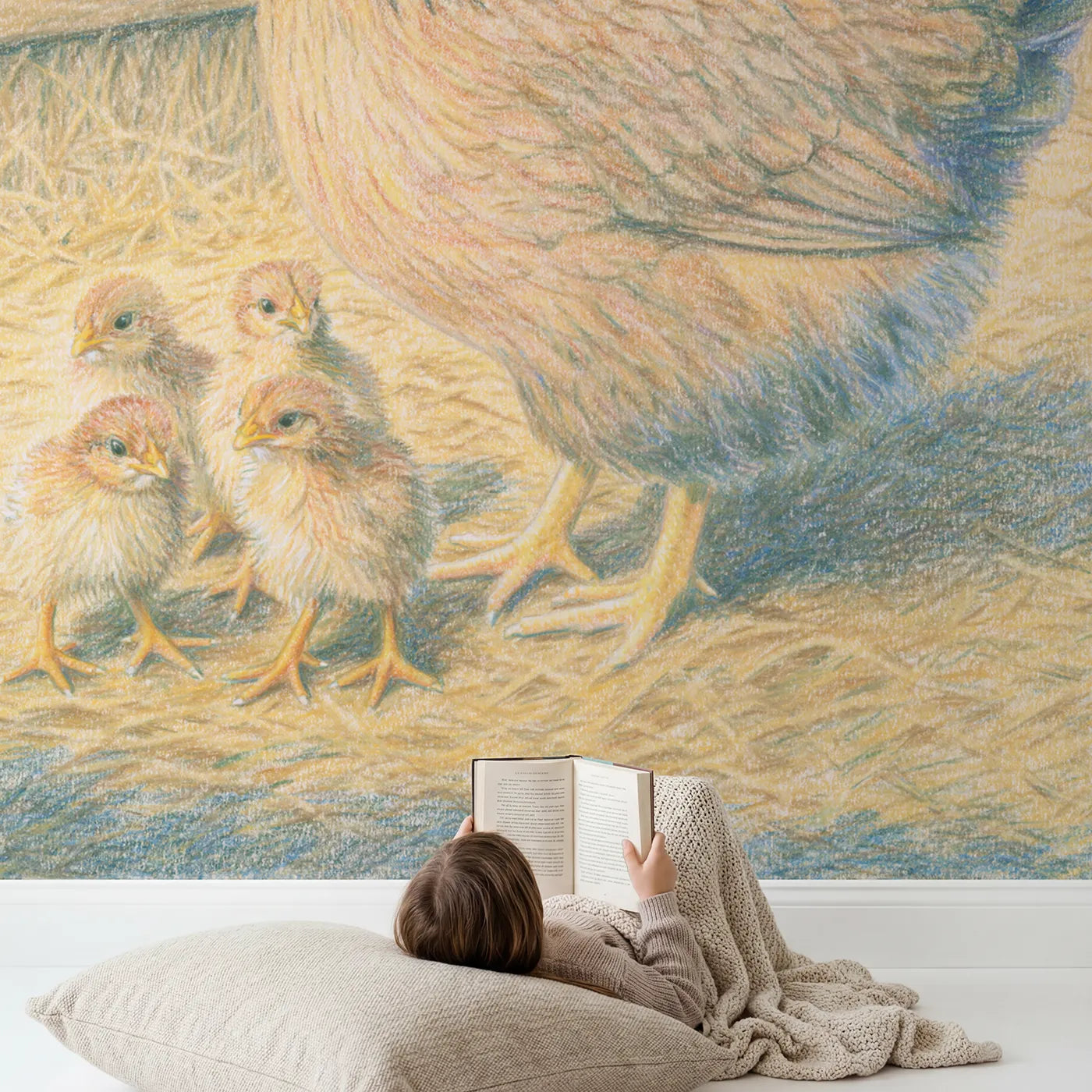 Child in nursery with Mother Hen and Chicks Wallpaper Mural by Whimsy Tots