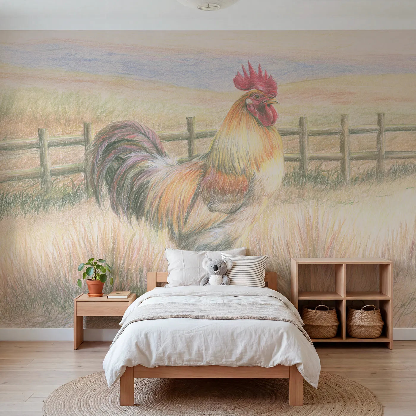 Colored-pencil wall mural of a proud little rooster by Whimsy Tots