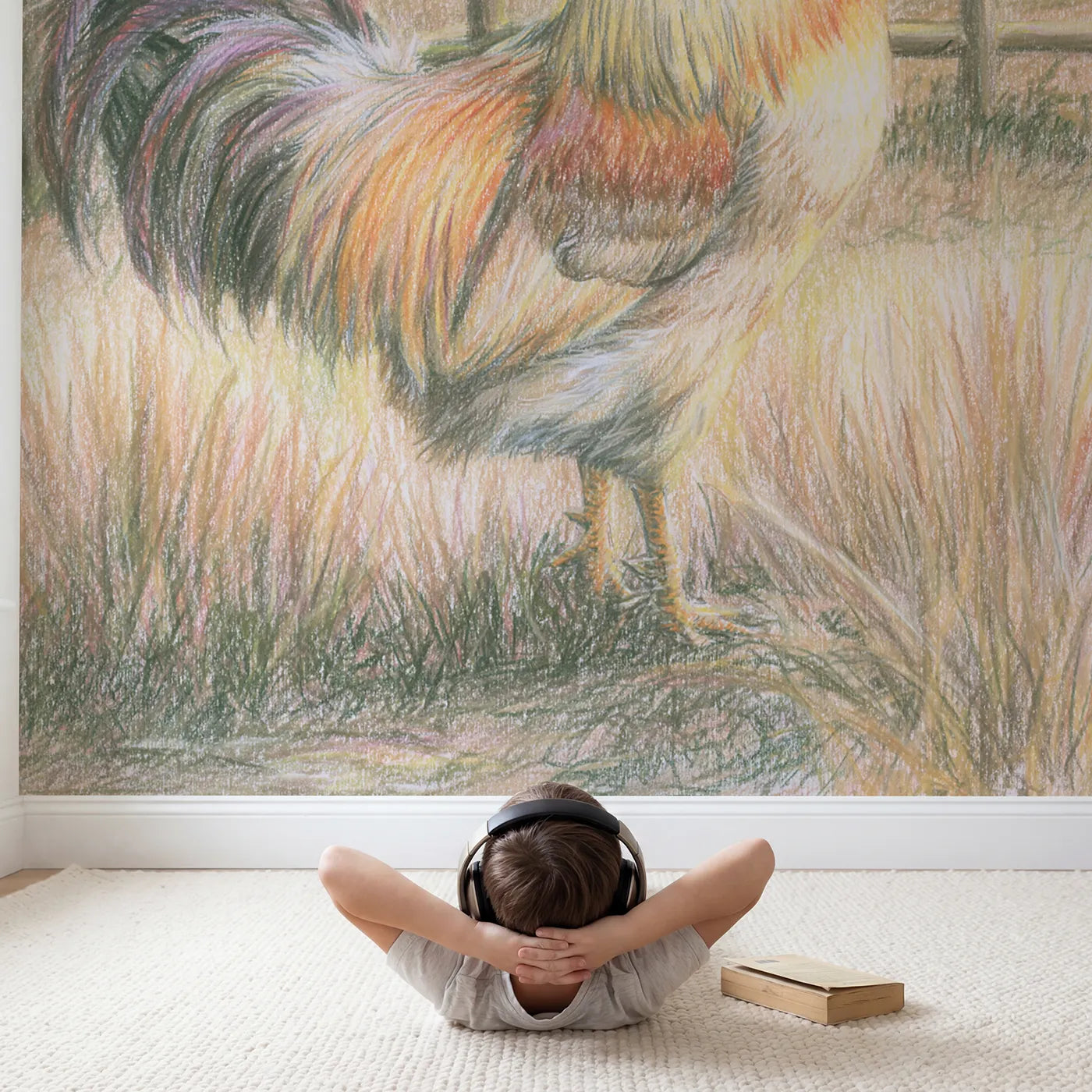 Child in nursery with Proud Little Rooster Wallpaper Mural by Whimsy Tots