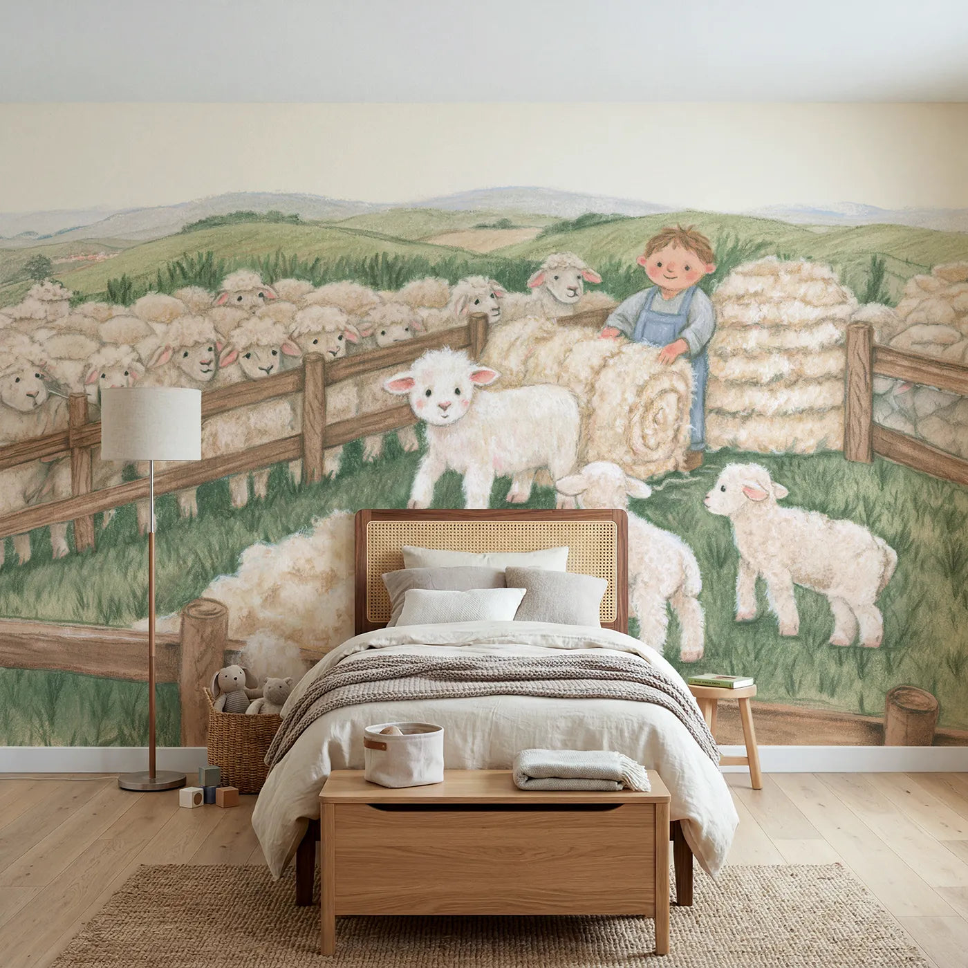 Colored Pencil freshly shorn sheep on shearing day, wall mural for a big-kid bedroom by Whimsy Tots