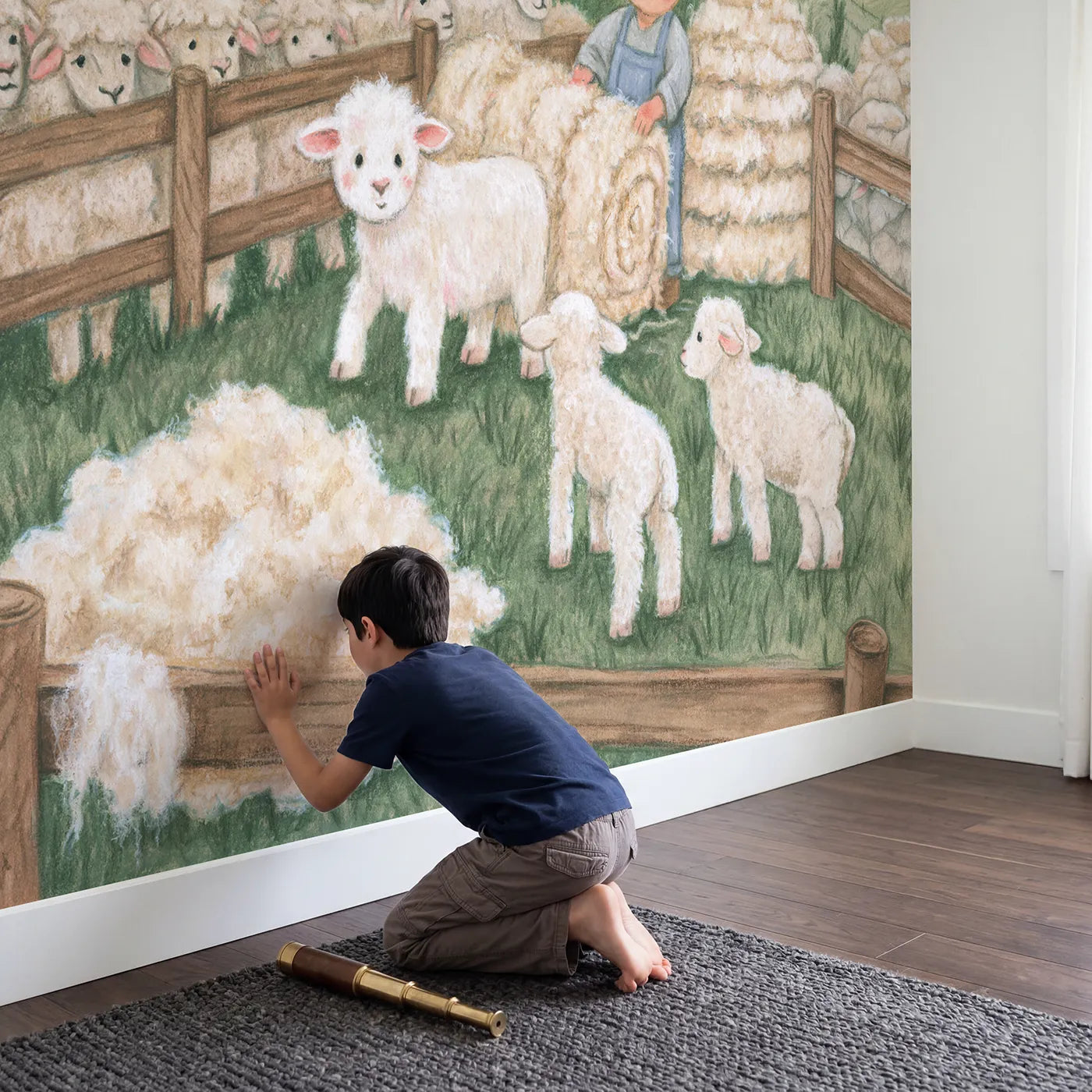 Child in nursery with Shearing Day Wallpaper Mural by Whimsy Tots