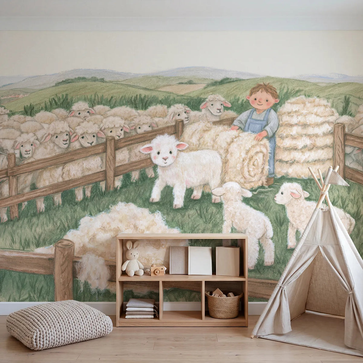 Shearing Day Wallpaper Mural in playroom setting by Whimsy Tots