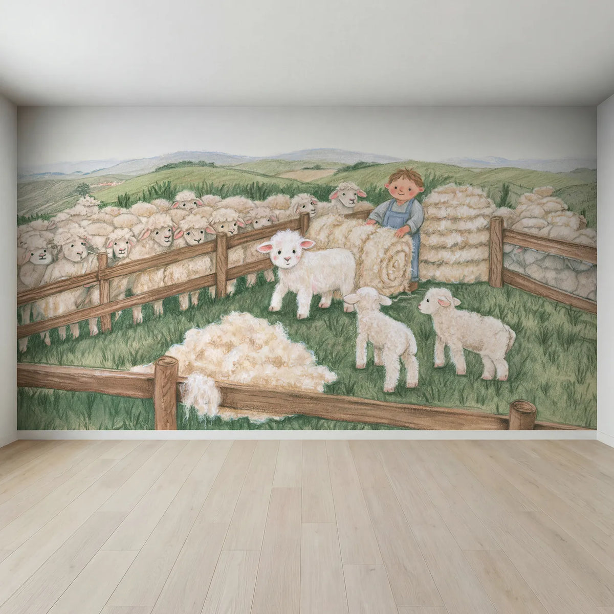 Full view of Shearing Day Wallpaper Mural by Whimsy Tots