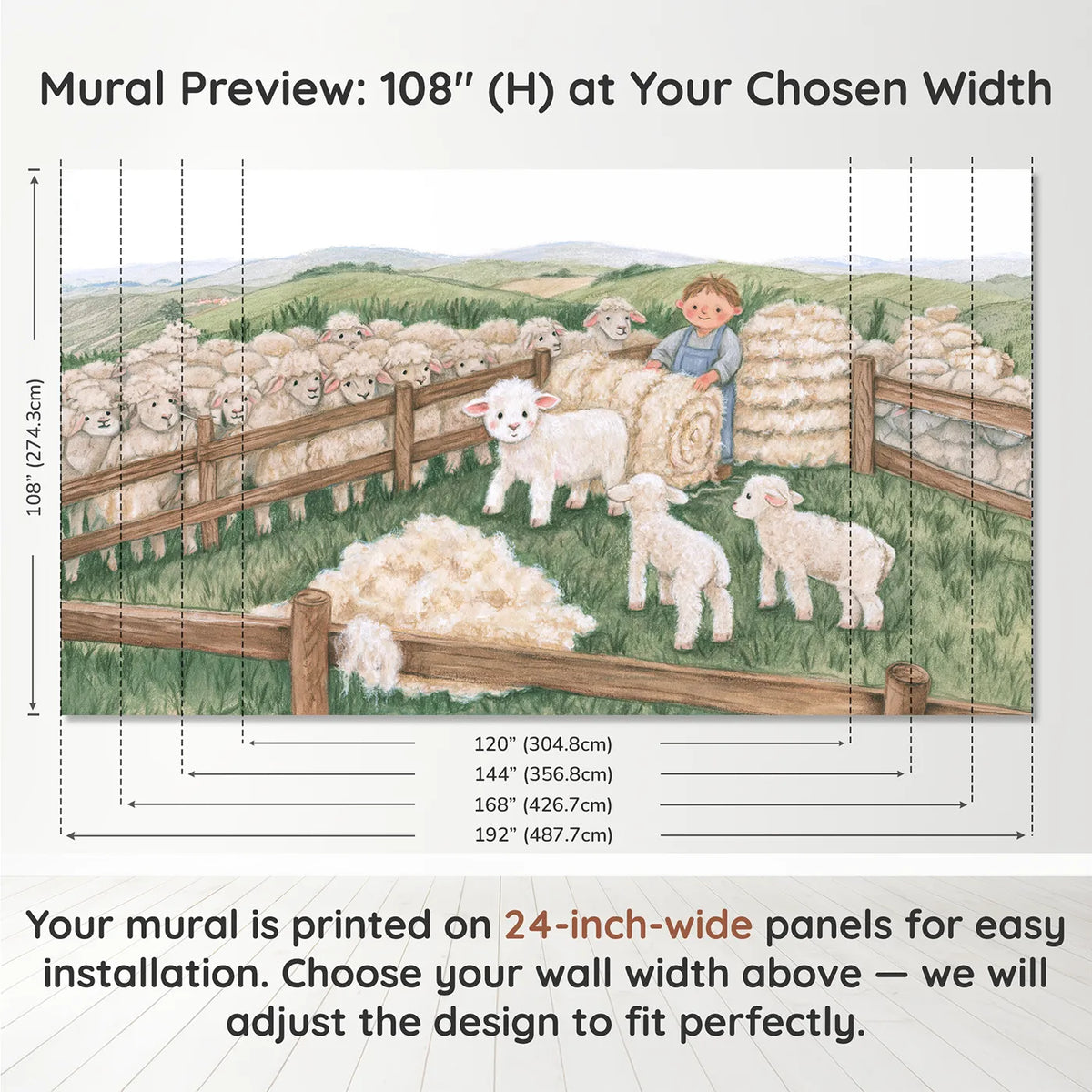 Panel layout and dimensions for Shearing Day Wallpaper Mural by Whimsy Tots