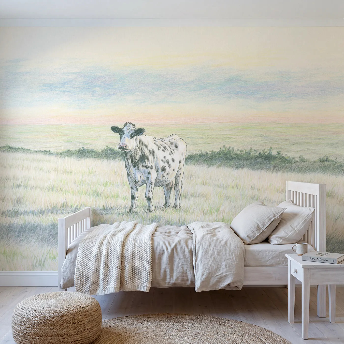 Colored-pencil wall mural of a gentle spotted cow by Whimsy Tots
