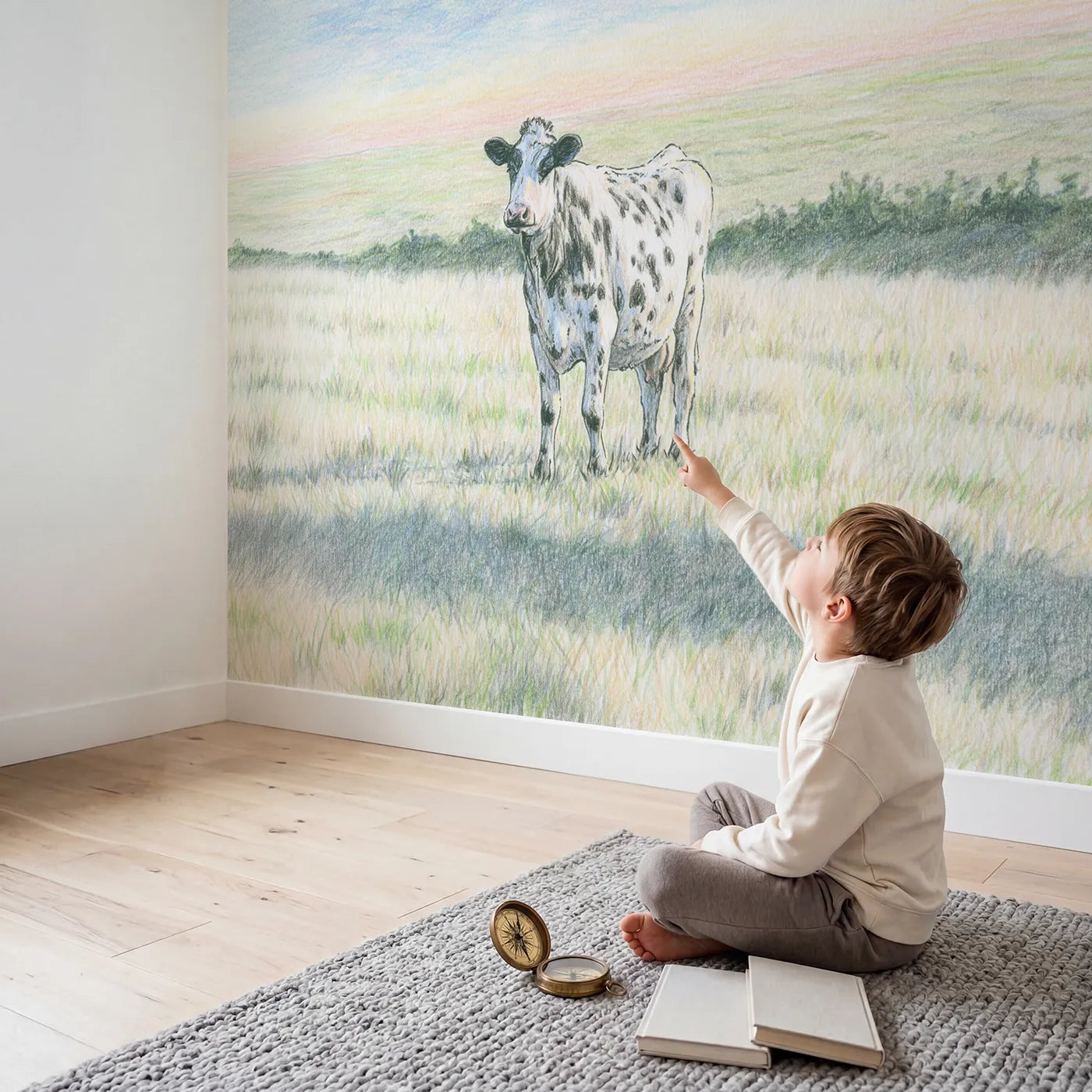 Child in nursery with Gentle Spotted Cow Wallpaper Mural by Whimsy Tots