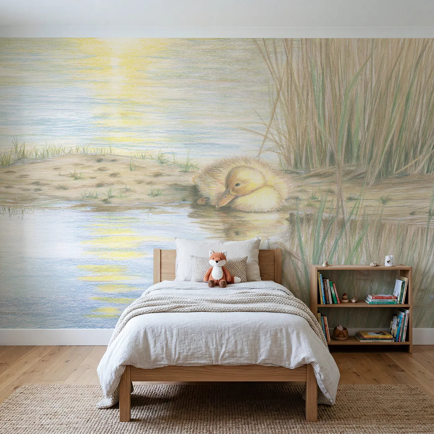 Colored-pencil wall mural of a grazing meadow pony by Whimsy Tots