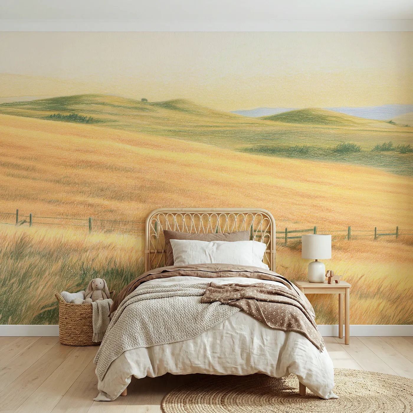 Colored-pencil wall mural of a golden countryside pasture by Whimsy Tots