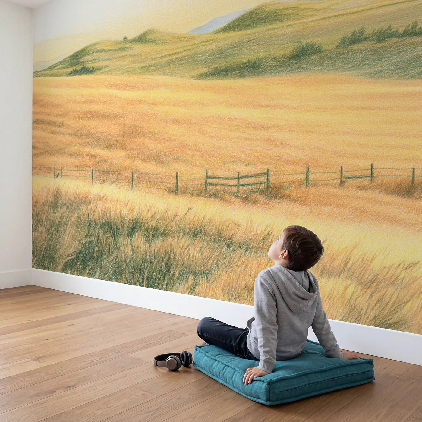 Child in nursery with Golden Countryside Pasture Wallpaper Mural by Whimsy Tots