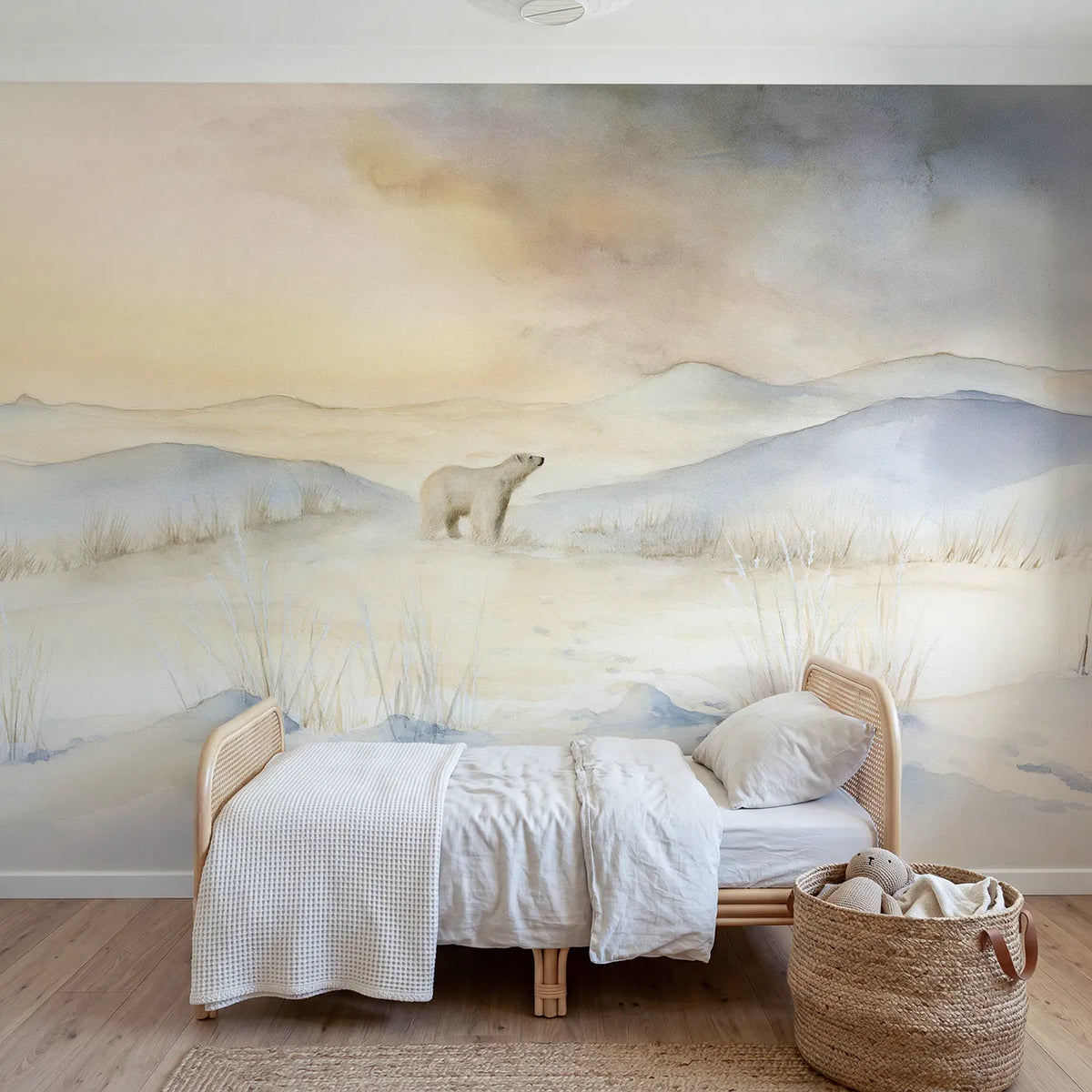 Watercolor wall mural of a polar bear at warm dawn by Whimsy Tots