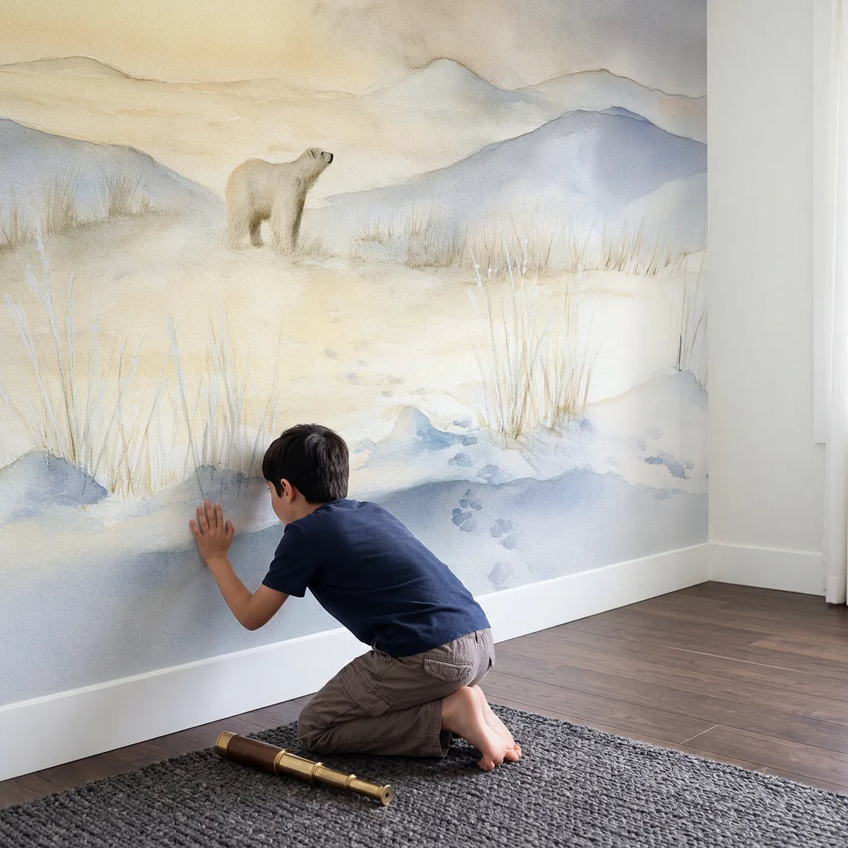 Child in nursery with Polar Bear Dawn Wallpaper Mural by Whimsy Tots
