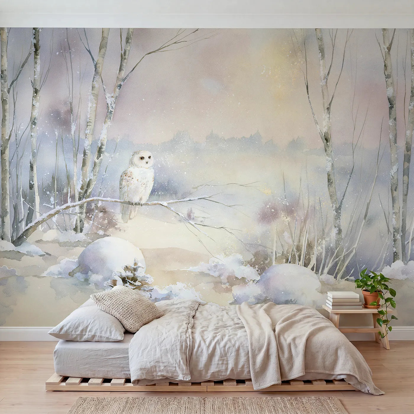 Watercolor wall mural of a snowy owl in drifting snow by Whimsy Tots