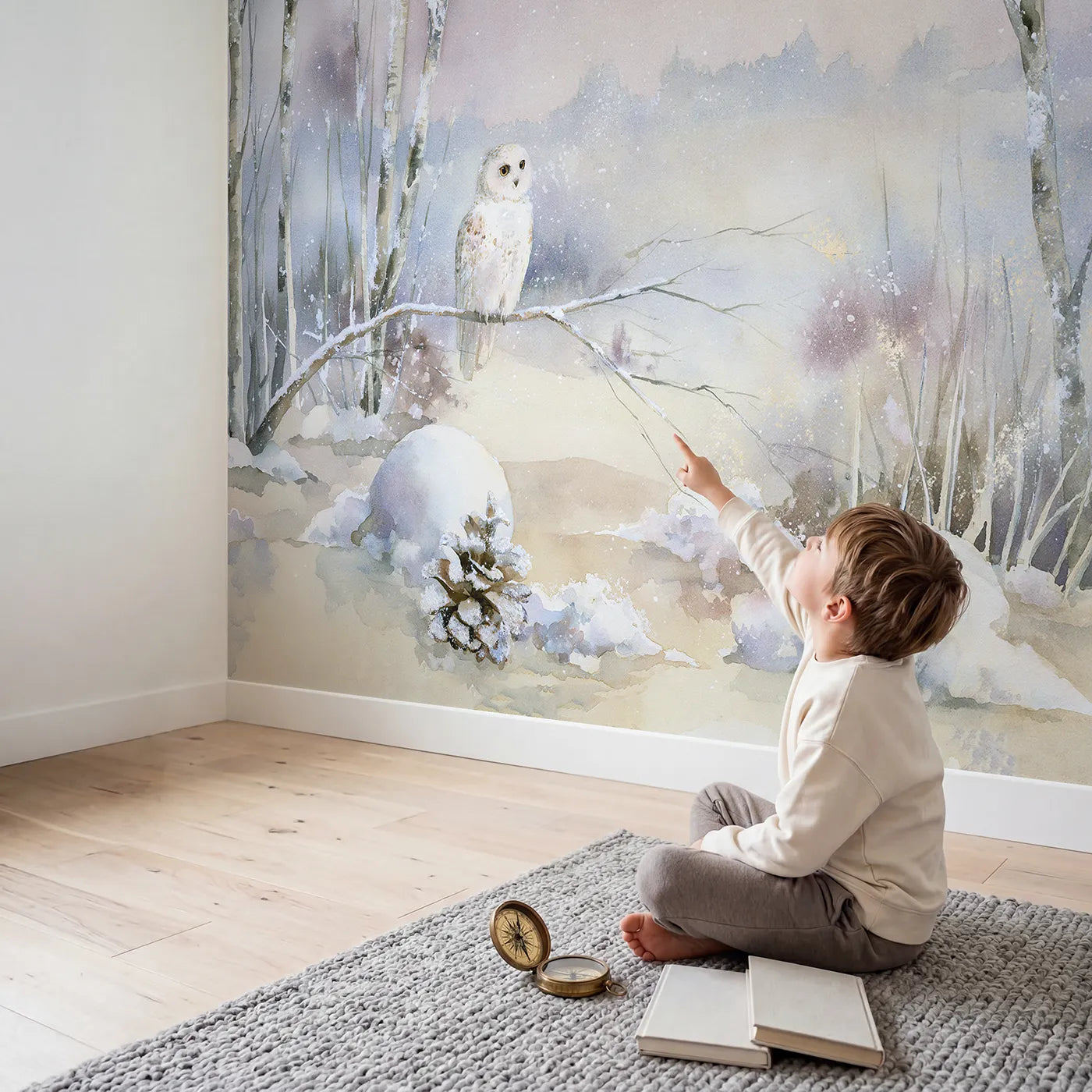 Child in nursery with Snowy Owl Drift Wallpaper Mural by Whimsy Tots