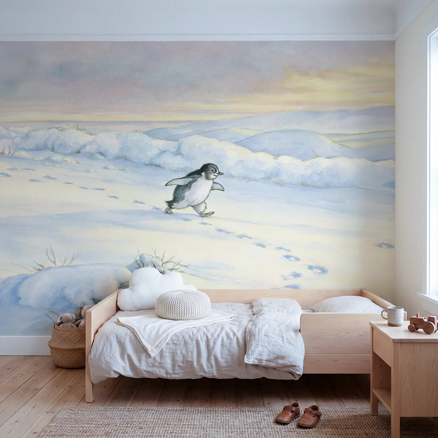 Storybook wall mural of a waddling little penguin by Whimsy Tots